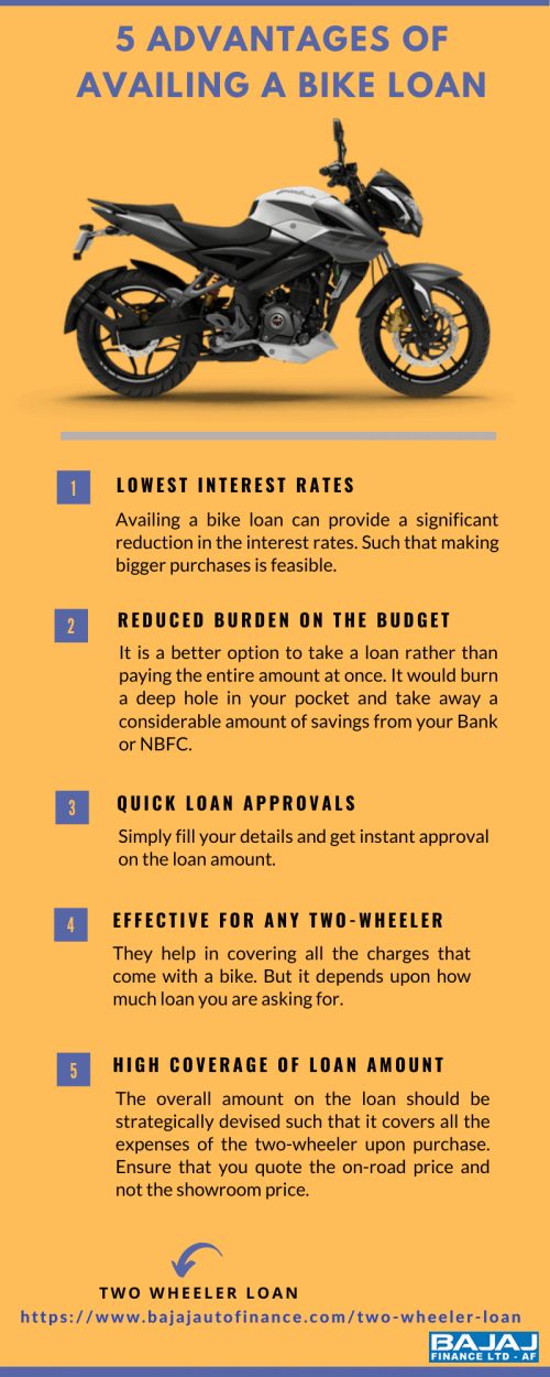 There are many advantages to avail a Bike Loan. Some are listed below: -
Lowest Interest rates
Reduced Burden On The Budget
Quick Loan Approvals
Effective For Any Two-Wheeler
High Coverage Of Loan Amount

Read more: -https://www.bajajautofinance.com/blog/view/benefits-of-two-wheeler-loan--bajaj-auto-finance

Contact Us:
Email: bflcustomercare@bflaf.com
Phone No: 9225811110
Address: Bajaj Finance Ltd, Yamuna Nagar Gate, Old Mumbai Pune highway, Akurdi, Pune 411035