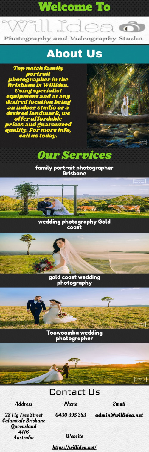 Willidea provides reliable wedding photographer in the Brisbane. We provide a single place where brides and members of the photography industry can go to quickly identify the outstanding wedding photographers. For more info, call us today.

https://willidea.net/