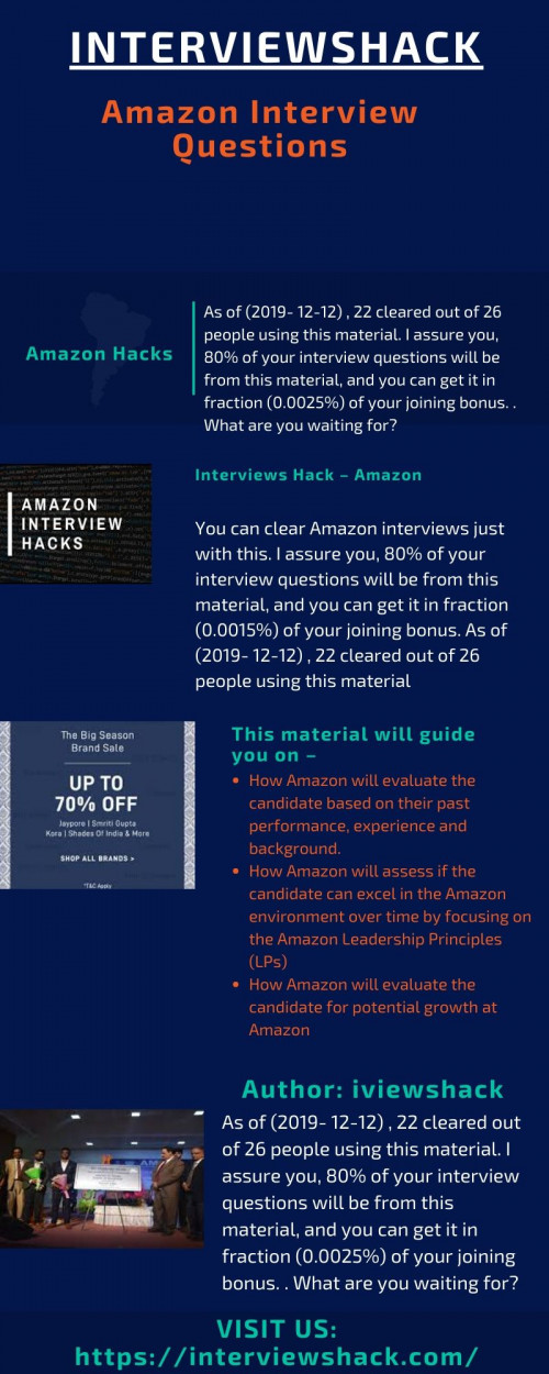 Some most asked question by amazon are “who was your most difficult customer”, what is the worst mistake that you have ever made”, Describe what human resource means to you”.These are some amazon interview question.VISIT US:https://interviewshack.com/