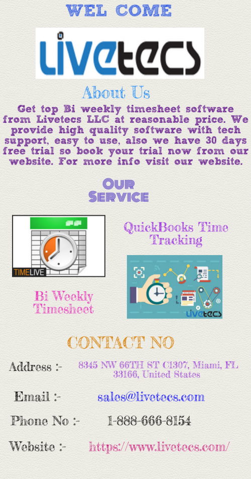Bi weekly timesheet software offered Livetecs LLC at reasonable price, also we offer online time tracking software, online expense tracking software, etc. For more information visit our website.
https://www.livetecs.com/online-timesheet