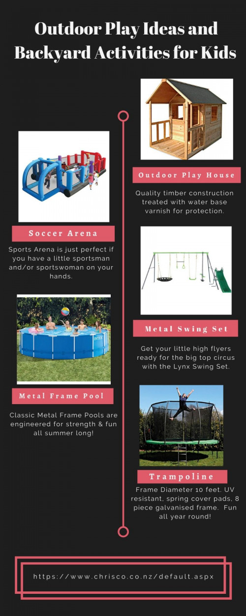 Outdoor play and activities are a great way to unwind on the weekend and there is definitely no shortage of activities to choose from. Shop trampolines, babies swings, kids slides and more play equipment for your Kids. You can buy all these outdoor plays at Chrisco Hamper New Zealand with easy monthly, weekly and fortnightly payment plan option. Visit @ https://www.chrisco.co.nz/Category/211-outdoor-play.aspx