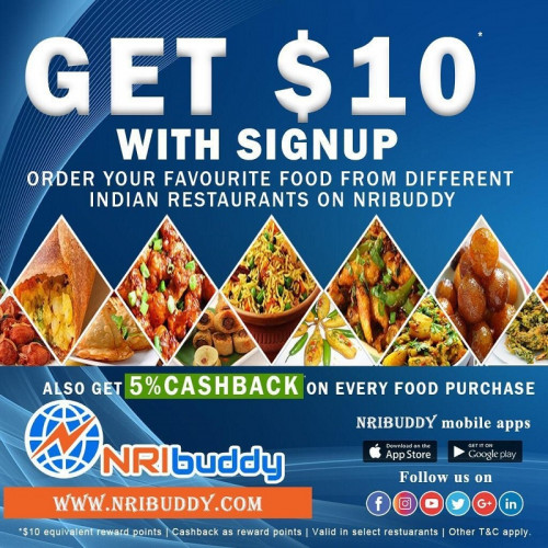 Order your favourite food from different Indian Restaurants on NRIbuddy and get 5% cashback on every food purchase and also get $10 with Signup.
