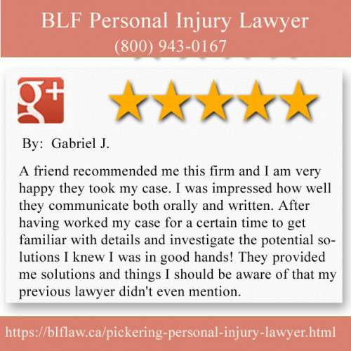 BLF Personal Injury Lawyer 
1315 Pickering Pkwy
Pickering, ON L1V 7G5	
(800) 943-0167

https://blflaw.ca/pickering-personal-injury-lawyer.html