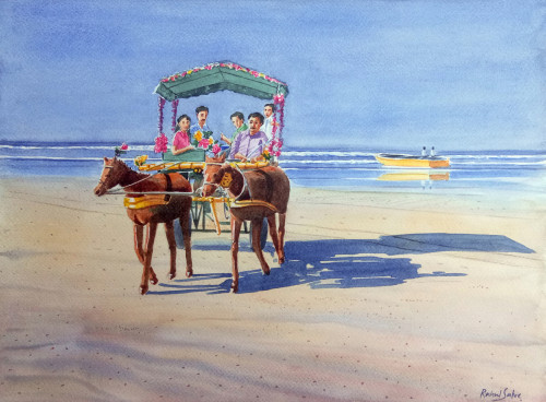 In this painting, the artist captured the beach view and a family enjoying the carriage ride. The artist painted it with fresh and transparent water color.