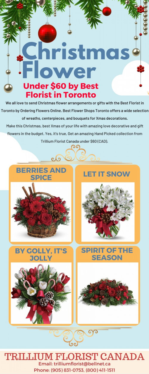 We all love to send Christmas flower arrangements or gifts to Pickering, ON or nationwide with the Best Florist in Toronto by Ordering Flowers Online Toronto, Pickering, Ajax, Whitby, Oshawa & Markham. Best Flower Shops Toronto offers a wide selection of bouquets for Christmas decorations and Christmas gifts on our website www.trilliumfloristcanada.com