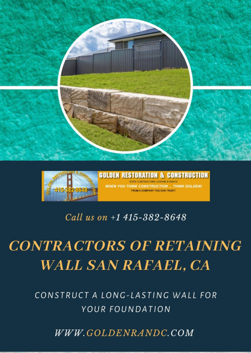 When you hire a Contractors of Retaining Wall in San Rafael, CA you are hiring someone who knows how to handle challenges associated while building concrete retaining walls. In fact, the professionals know what type of permits they need to get the work started.

https://goldenrandc.com/retaining-wall-marin-county/
