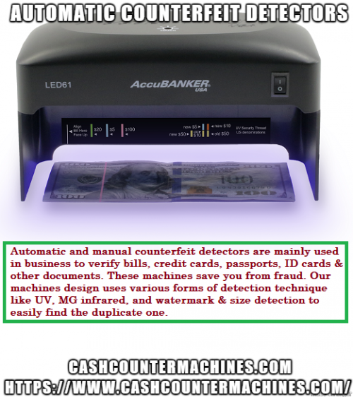 Automatic and manual counterfeit detectors are mainly used in business to verify bills, credit cards, passports, ID cards & other documents. These machines save you from fraud. Our machines design uses various forms of detection technique like UV, MG infrared, and watermark & size detection to easily find the duplicate one.  Visit,https://bit.ly/2F7SJJx