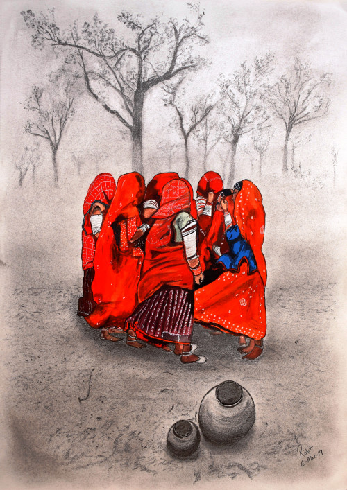 The artist is inspired by a photograph of Mr. Steve Mc Curry. The picture basically shows an arrangement of Rajasthani women in a circle who went to fetch water away from the village.