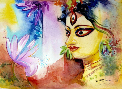 I tried to compose a portrait of an Idol of Durga with flowers, leaves and colours.
