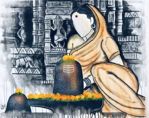 The artist is trying to show the purity of the woman who is busy in worshipping Lord Shiva.