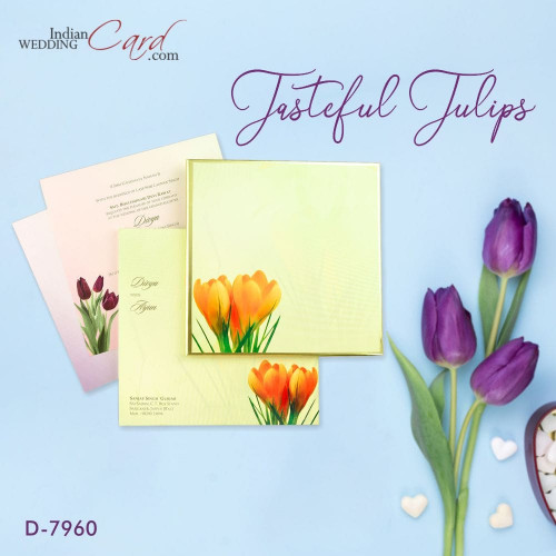 Surround yourself in the tranquility of Tulips and find amazing floral theme cards at Indian Wedding Card. Tulip Theme Wedding Invitation Cards are truly glamorous in design, style and display which is why these invites are the hot favourites of the modern day lovers who draw their inspiration from their eternal beauty and liveliness. Shop now to get free worldwide shipping on samples @ https://www.indianweddingcard.com/Tulip-Theme-Cards.html