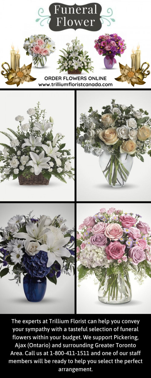 So, express your heartfelt sympathies by giving any one of our Funeral Flowers Toronto, and casket flower only in $125 to $175 with Funeral Flowers arrangements in Toronto to the family of a recent past loved one. Ordering Flowers Online Toronto, Pickering, Ajax, Whitby, Oshawa & Markham from https://www.trilliumfloristcanada.com/