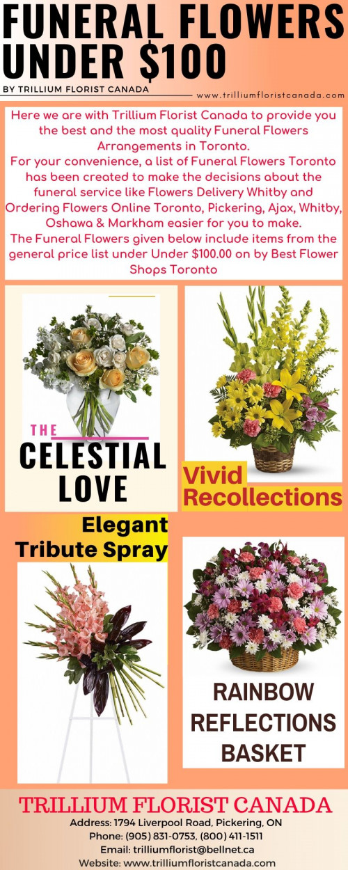 Trillium Florist Canada will provide you the best and the most quality Funeral Flowers Arrangements in Toronto. For your convenience, a list of Funeral Flowers Toronto has been created to make the decisions about the funeral service like Flowers Delivery Whitby and Ordering Flowers Online Toronto, Pickering, Ajax, Whitby, Oshawa & Markham easier for you to make on our website. https://www.trilliumfloristcanada.com/funeral-under-10000/de-116543