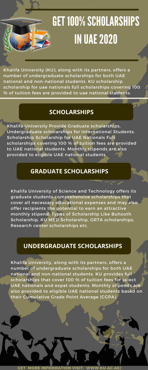 Khalifa University provides full scholarships that cover 100 % of tuition fees for select UAE nationals and expat students. Monthly stipends are also provided to eligible UAE national students based on their Cumulative Grade Point Average (CGPA). Get More Info Visit: https://www.ku.ac.ae/scholarships/