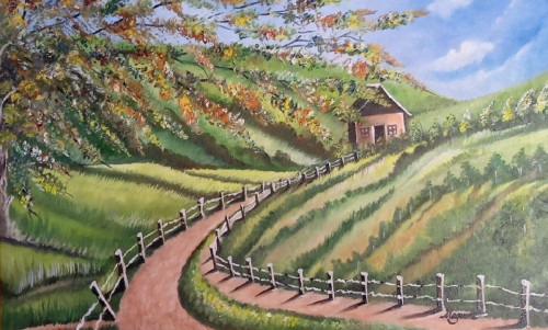 Grassy Fields,is a oil painting by Mega of the grassy pasture land at this farm that is part of the Connecticut Farmland Trust. Preserving our farms was the reason for painting this lovely field.