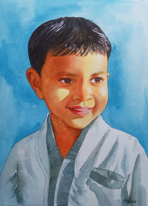 Artist has painted beautifully this innocent and happy face of little boy. This boy is staring at something hopefully and found a reason to smile.