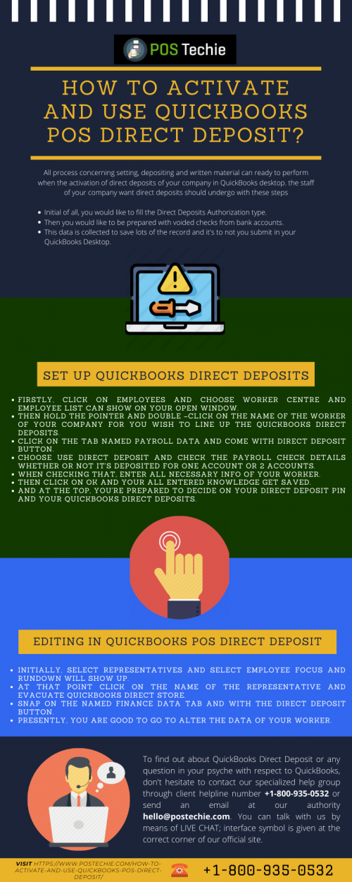 To manage all payment problems QuickBooks POS Direct Deposit is introduced that permits you to manage your employee’s pay with none printing or writing checks. By visiting our diary users can get to grasp concerning the way to activate and use QuickBooks POS Direct Deposit.
https://www.postechie.com/how-to-activate-and-use-quickbooks-pos-direct-deposit/