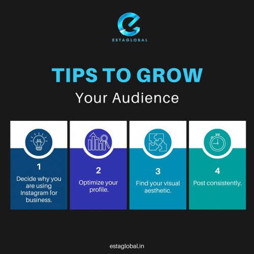 Tips to Grow Your Audience

• Decide why you are using Instagram for business
• Optimize your profile
• Find your visual aesthetic
• Post consistently

#kolkatadigitalmarketing #EstaGlobal #socialmediamarketing #growyourbusinessonline #businesstips #instagood #marketinghelp #instagramstrategy #socialmediaexpert #digitaltrends