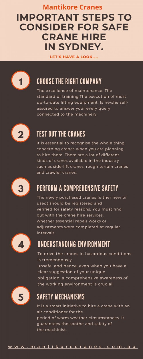 Through this article, we have outlined the important steps to consider for safe crane hire in sydney that you must consider while choosing the best crane hire Services Company that stays ahead of the crowd.  For more information read the article or visit our website.
Source:  https://mantikorecranes.com.au/