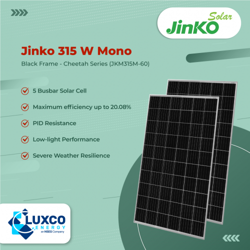Jinko 315 W Mono Black Frame - Cheetah Series (JKM315M-60)

1. 5 Busbar Solar Cell
2. Maximum efficiency up to 20.08%
3. PID Resistance
4. Low-light Performance
5. Severe weather resilience

Visit here: https://www.luxcoenergy.com.au/wholesale-solar-panels/jinko/