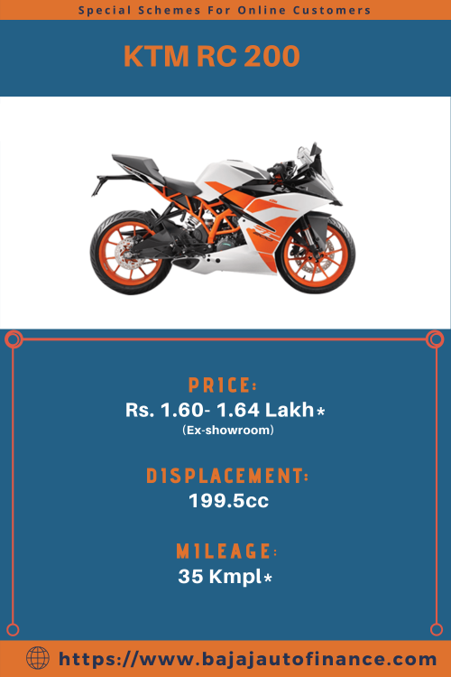 KTM bikes are famous for their best performance and design. If you are planning to buy a new bike, KTM RC 200 is the best option to buy. Know the best features of KTM RC 200 - features like - Price  Rs.1.60 - 1.64 lakh*(ex-showroom), 1-cylinder, 4-stroke engine, Displacement  199.5cc, Electric starter and many more.

Know more Specs, Features and other information: - https://www.bajajautofinance.com/two-wheeler-loan/ktm-rc-200

Contact Us:
Bajaj Auto Finance:
Email: bflcustomercare@bflaf.com
Phone No: 9225811110
Address: Bajaj Finance Ltd, Yamuna Nagar Gate, Old Mumbai Pune highway, Akurdi, Pune 411035
