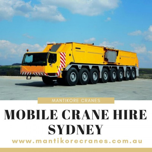 Mantikore Cranes will assure you that you receive the best service of mobile crane hire  Sydney at a reasonable price that suits your project needs.  The company provides 100% Satisfaction to their clients with the help of their skilled experienced workers. Just make a call at 1300626845.
Source:   https://mantikorecranes.com.au/