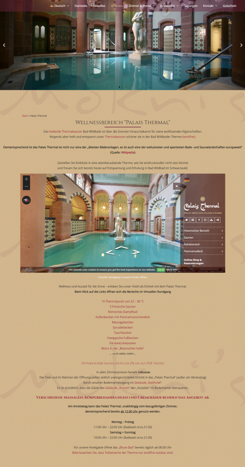 Ihr Wellnesshotel im Schwarzwald mit direkter Anbindung an das Palais Thermal - eines der schönsten Thermalbäder Deutschlands. Finden Sie online die besten Thermal- und Spa-Resorts in Deutschland - von günstig bis luxuriös.

Bad Wildbad im Schwarzwald – ein Kurort mit Geschichte und nostalgischem Bädercharme. Ob zum Wellnesswochenende, anlässlich einer Feierlichkeit oder im Rahmen einer Tagung ?Wie könnten Gäste sich hier stilvoller erholen als in einem morgenländischen Palast? Eingerahmt von der munter plätschernden Enz auf der einen Seite und dem Kurpark auf der anderen, finden Sie in Mokni’s Palais Hotel & SPA hierzu die adäquate Residenz!Mokni’s Palais Hotel & SPA: Unter diesem Namen sind zwei räumlich getrennte Gebäude vereint – das Gebäude „Badhotel“ und das Gebäude „Rossini“ sowie die angebundene Therme Bad Wildbads: das „Palais Thermal“ – täglich bis 22.00 Uhr geöffnet
#wanderheimzavelstein #ThermalwasserimBadWildbad #restaurantbadwildbad #badwildbadhotel #MokniPalaisHotel&SPA #HotelThermeBadTeinach #wellnesshotelbadwildbad #hotelsinbadwildbaddeutschland #wellnessschwarzwaldtherme #kuschelhotelschwarzwald #rossinispeisekarte #PalaisThermalinBadWildbad #HotelimSchwarzwald #WellnessPaketeimPalaisThermal #PalaisThermal #WellnesshotelsimSchwarzwald #ResortimSchwarzwald 

Web:- https://www.moknis.com/en/