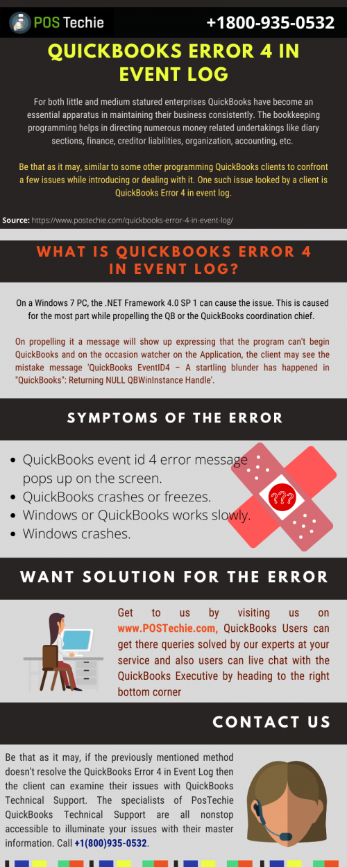 Causes that can lead to QuickBooks Event Log Error 4 are: Damaged or corrupted QuickBooks file or the system is infected by a virus or other malware. For help regarding QuickBooks Error 4 in Event Log user can visit us and cam get help by various methods provides.
https://www.postechie.com/quickbooks-error-4-in-event-log/