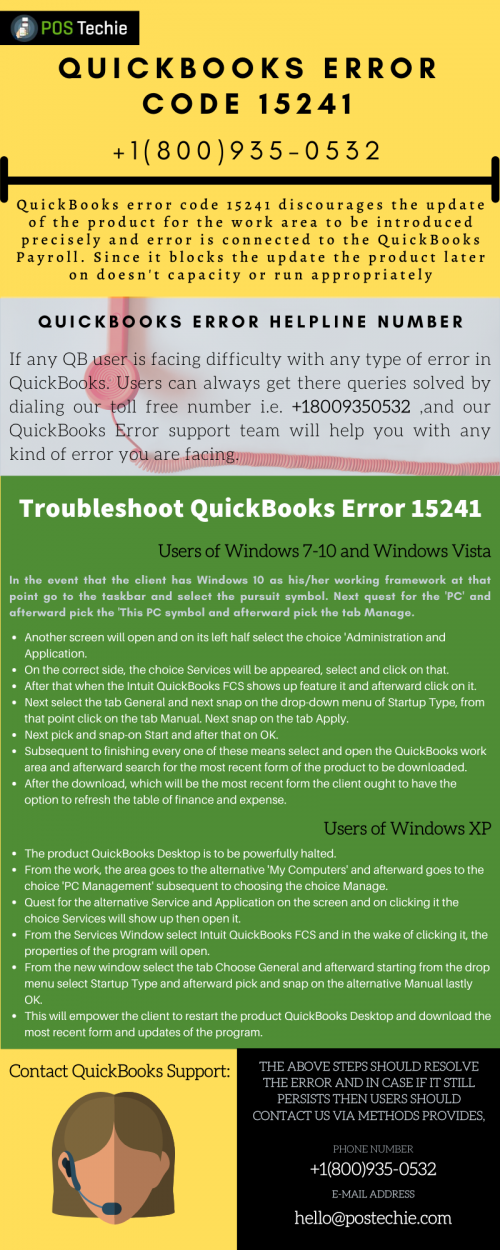 QuickBooks Error Code 15241 obstructs the update of the software for the desktop to be installed accurately and error is linked to the QuickBooks Payroll. Since it hinders the update the software, later on, does not function or run properly.
https://www.postechie.com/quickbooks-error-15241/