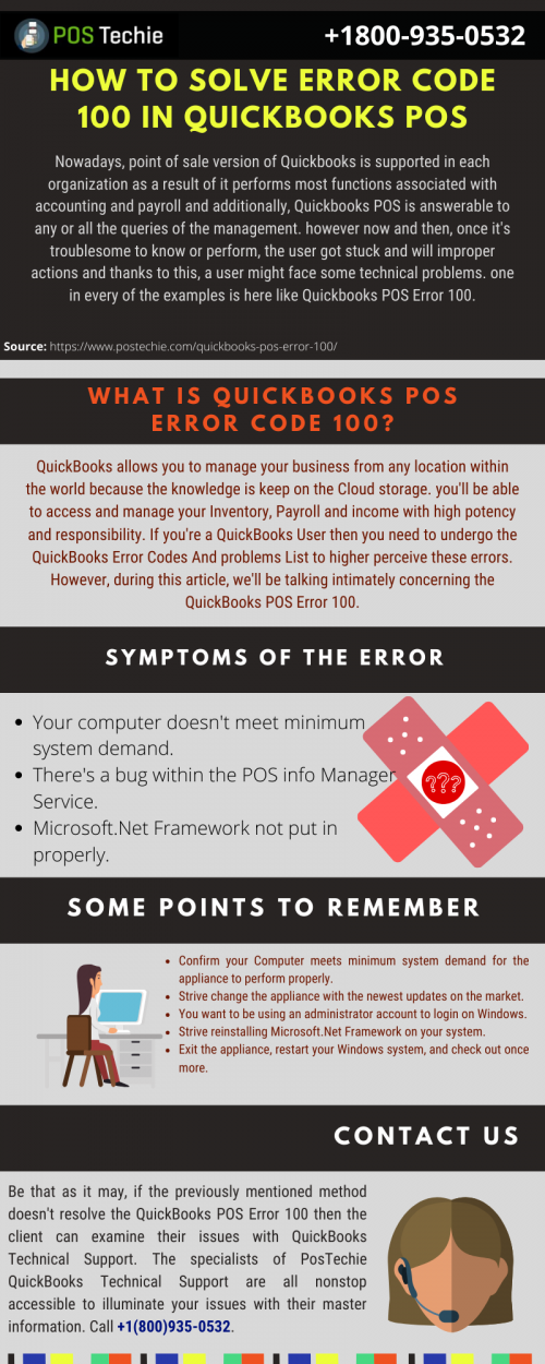 QuickBooks Error code 100 is one such error that a QB POS client may need to confront. When handling an exchange or opening POS you get one of the Error 100 database servers not found "08w01". Jump on our site for a point by point article on the error and its simple correction and user can also read more about other QB blogs.
https://www.postechie.com/quickbooks-pos-error-100/