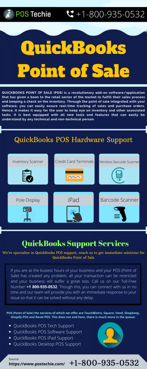 QuickBooks Point of Sale (POS) is a progressive extra software/application that has given a help to the retail division of the market to satisfy their sales procedure and keeping a mind the stock. Through the point of sale coordinated with your software, you can without much of a stretch guarantee ongoing following of sales and buy orders. Thus, it makes it simple for the client to watch out for stock and other related assignments. It is best outfitted with every single new device and highlights that can undoubtedly be comprehended by any specialized and non-specialized individual.
Source: https://www.postechie.com