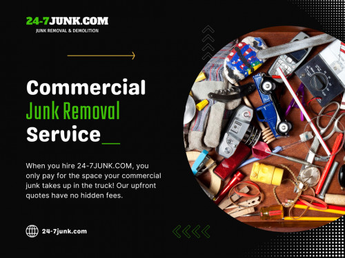 The availability of commercial junk removal service Palatine IL providers in your location can also influence prices, as competition can drive rates up or down.

Official Website: https://24-7junk.com

Click Here For More Information: https://24-7junk.com/commercial-junk-removal

Google Business Site: https://24-7junkcom-junk-removal-demolition.business.site/

Address: 1595 W Dunbar, Inverness Illinois 60087, United State

Tell: (773) 309-6966

Find Us On Google Map: https://goo.gl/maps/ckkJnguvve98143W9

Our Profile: https://gifyu.com/247junk
More Images: 
https://tinyurl.com/2s4ae3h6
https://tinyurl.com/urjmt8sw
https://tinyurl.com/4p86c289
https://tinyurl.com/hs8yfjv8