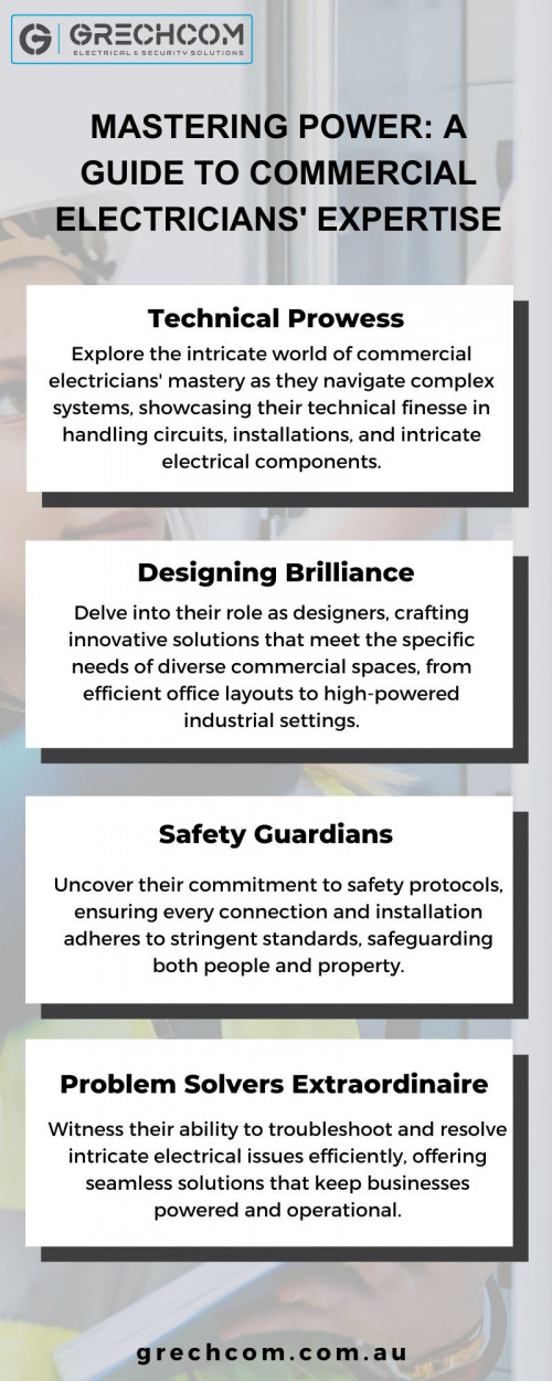 Seamlessly blend innovation and efficiency into your business infrastructure with our team of dedicated Commercial Electricians. Specializing in diverse commercial electrical needs, we meticulously plan, install, and maintain systems that cater to your unique requirements. From ensuring compliance with safety regulations to optimizing energy usage, our experts are committed to delivering top-notch services that keep your commercial space running smoothly and safely.
https://www.grechcom.com.au/commercial-electrician