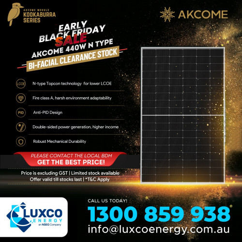 Early Black Friday sale!

Akcome Kookaburra Bifacial N-Topcon 440W Black Frame 108 Half-Cut Cells (SK9609TDGDC-440)

Contact the account manager now to book the stock.
Email us at info@luxcoenergy.com.au
Visit: www.luxcoenergy.com.au

(*offer valid for NSW & QLD)
.
.
#luxcoenergy #wholesalesolarcompany #trinasolar #trinasolarau #vertexsplus #trinavertex #teinasolarvertexs #trinasolarpanels #trinasolar #solarpanels
