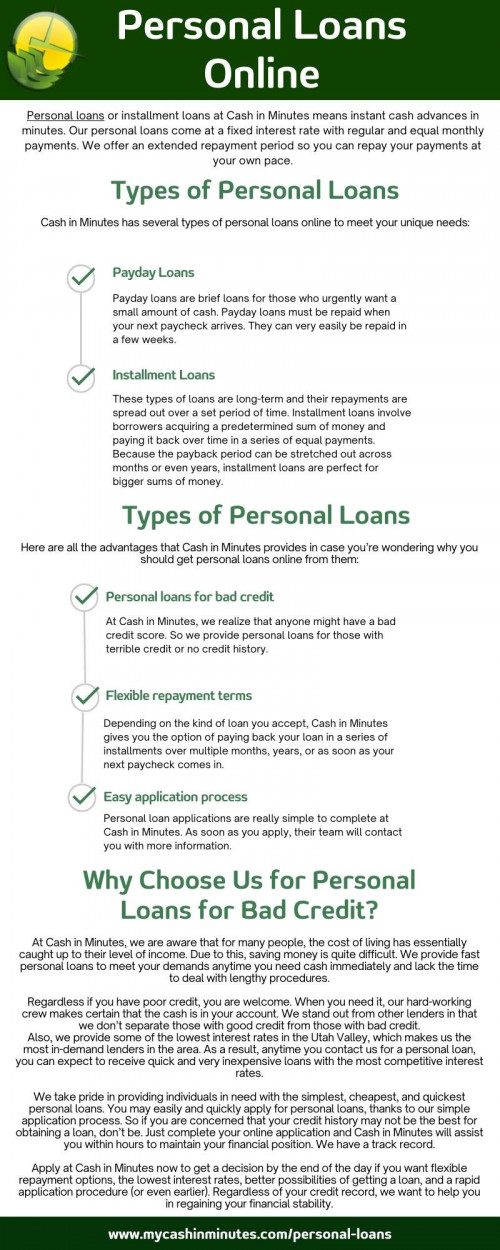 Get personal loans with Cash in Minutes to finance any purchase you make. Get in touch with them to get your personal loan in minutes, even if you have bad credit!

Visit: https://mycashinminutes.com/personal-loans

#PersonalLoans 
#PersonalLoansForBadCredit
#BestPersonalLoans
#PersonalLoansOnline
#QuickPersonalLoans