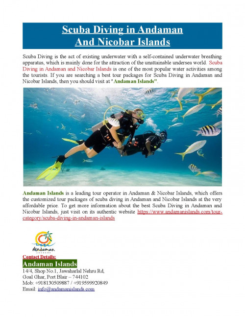 Andaman Islands offers the customized tour packages of scuba diving in Andaman and Nicobar Islands at very affordable price. To know more about scuba diving in Andaman and Nicobar Islands, just visit at https://www.andamanislands.com/tour-category/scuba-diving-in-andaman-islands