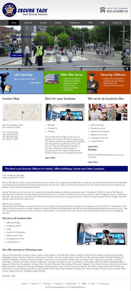 A Security Group Inc. is a full services company and help with all of your security needs including uniformed officers, mobile patrol & security consulting. Call us 323-275-9555.

Secure Task Security is a quality conscious company that provides exceptional security services to its clients. Our assertion to be a leader in our profession and our pledge of continued improvement has put us among the fastest growing security companies in the region.Secure Task Security provides uniformed armed and unarmed security guards to its clientele. The needs of the customers vary as do the locations. We render services to shopping malls, apartment complexes, office buildings, warehouses, clubs, gated communities, and individuals with specific security needs. At Secure Task Security our aim is to deliver professional security services. We go to great lengths in hiring our personnel. We follow tough standards and make certain that only the best of the best are inducted into our team.
#PrivateInvestigationServices #SecurityGuardsinLosAngeles #SecurityservicesSanFernandoValleyCA #SecurityAgencyinLosAngelesCA #LosAngelesSecurityGuards 

Web:- https://securetaskusa.com/