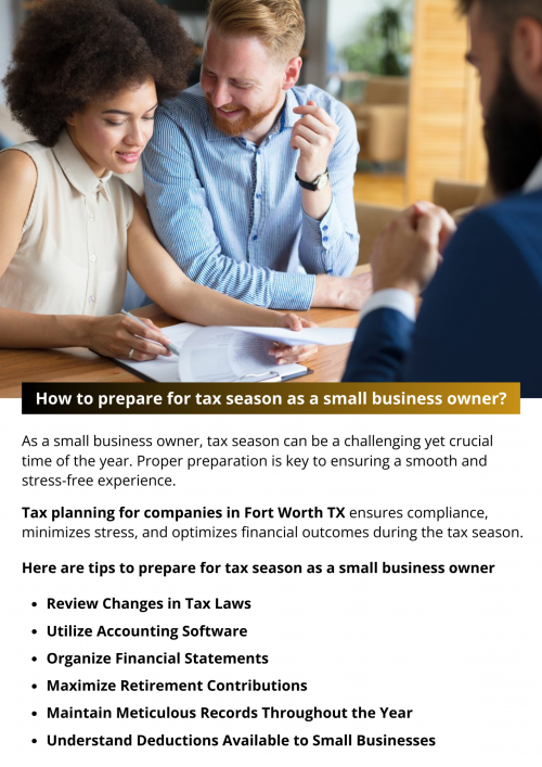 Preparing for tax season involves a combination of consistent record-keeping, strategic planning, and staying informed about tax laws. By adopting these practices, small business owners can navigate tax season with confidence, ensuring compliance and optimizing their financial outcomes. To know more visit here https://www.alignedwealthadv.com/tax-planning-fort-worth-tx