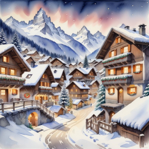 726678 christmas swiss village watercolor painting svajci falu karacsony festmeny 2