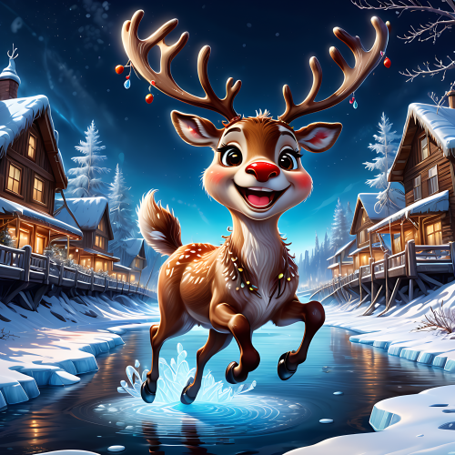 68410 a cute smiling cartoon reindeer with big bright brown beautiful eyes jumping over frozen river