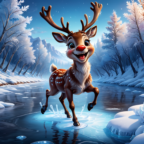 950624 a cute smiling cartoon reindeer with big bright brown beautiful eyes jumping over frozen rive