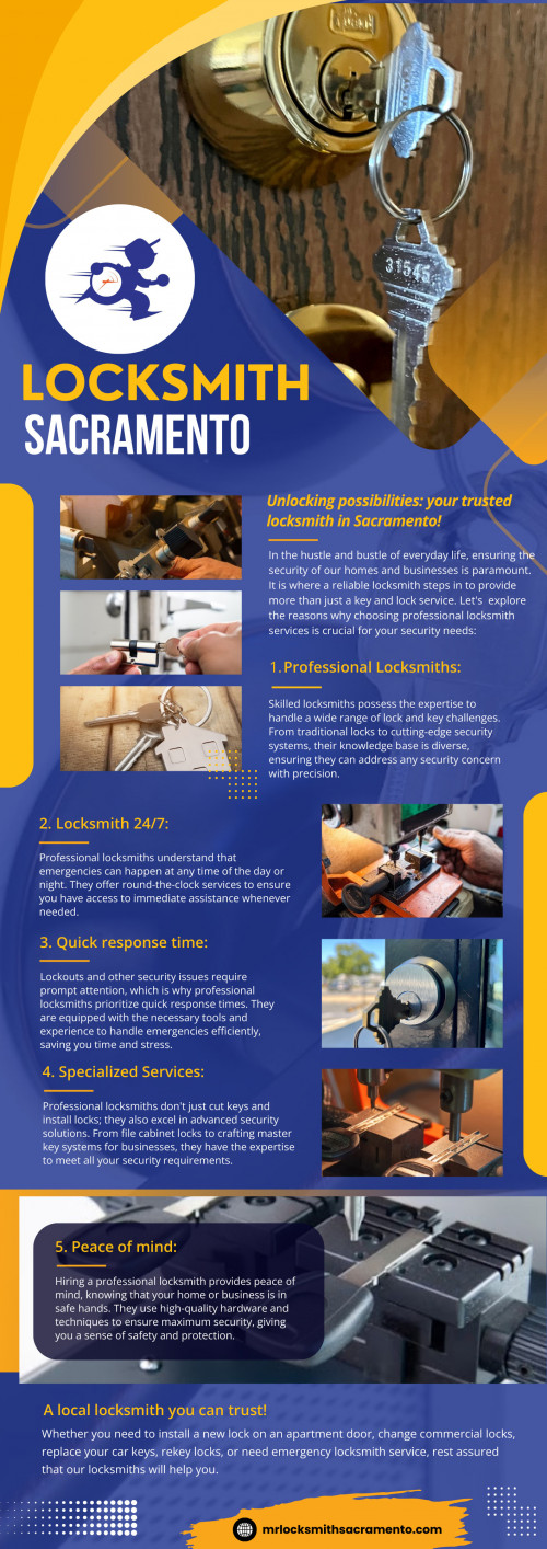 When it comes to ensuring the safety and security of your home or business, choosing the right Locksmith in Sacramento is paramount. At Mr. Locksmith Sacramento Inc, we take pride in being the go-to locksmith service in Sacramento, and here are several compelling reasons why you should make us your trusted partner for all your locksmith needs.

Official Website: https://mrlocksmithsacramento.com/

Mr. Locksmith Sacramento Inc.
Address:  1104 Corporate Way, Sacramento, CA 95831, United States
Phone:	+1 916-400-1981

Google Map URL: http://maps.app.goo.gl/YbUJAGv47Nabpigh9

Business Site: https://business.google.com/website/sacramento-garage-and-locksmith-service/

Our Profile : https://gifyu.com/mrlocksmithca

Next Info : https://is.gd/ULoz4Q