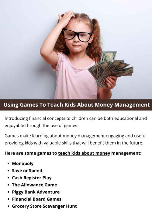 Games make money management enjoyable for kids. Classics like Monopoly teach budgeting and decision-making. The Allowance Game instills financial responsibility through simulated earnings and spending choices. Simple activities like a grocery store scavenger hunt teach budgeting skills. These games instill crucial money management skills, preparing children for responsible financial habits in a fun and engaging way. To know more visit here https://inflationeducation.net/