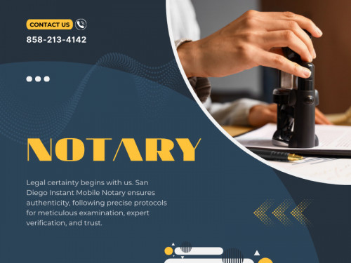 One of the primary advantages of a mobile notary service is its accessibility. Look for a service that offers prompt responses and can accommodate your schedule. Whether you need a document notarized during or after business hours, a reliable mobile notary should be flexible and responsive to your needs.

Find Us On Google Map : https://g.co/kgs/k3yr5o

San Diego Instant Mobile Notary
Address: San Diego, California 92129, United States
Phone: +1 858-213-4142

Our Profile: https://gifyu.com/sdmobilenotary

More Images:
https://rcut.in/GyxrbtYx
https://rcut.in/RfoaA1Qt
https://rcut.in/Nx4CCOjq
https://rcut.in/Ytb1DOJz