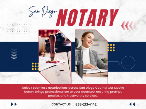 San Diego notary services offer a practical and time-saving solution to the notarization process. Whether you're an individual with a busy schedule or a business looking to streamline operations, the convenience and efficiency of mobile notary services can make a significant difference.

Find Us On Google Map : https://g.co/kgs/k3yr5o


San Diego Instant Mobile Notary
Address: San Diego, California 92129, United States
Phone: +1 858-213-4142

Our Profile: https://gifyu.com/sdmobilenotary

More Images:
https://rcut.in/GyxrbtYx
https://rcut.in/RfoaA1Qt
https://rcut.in/Nx4CCOjq
https://rcut.in/vi3KNiGU