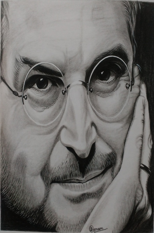 The artist Sonam Rajput created a charcoal pencil portrait of Steve Job on white sheet and has shown a high level of detailing.