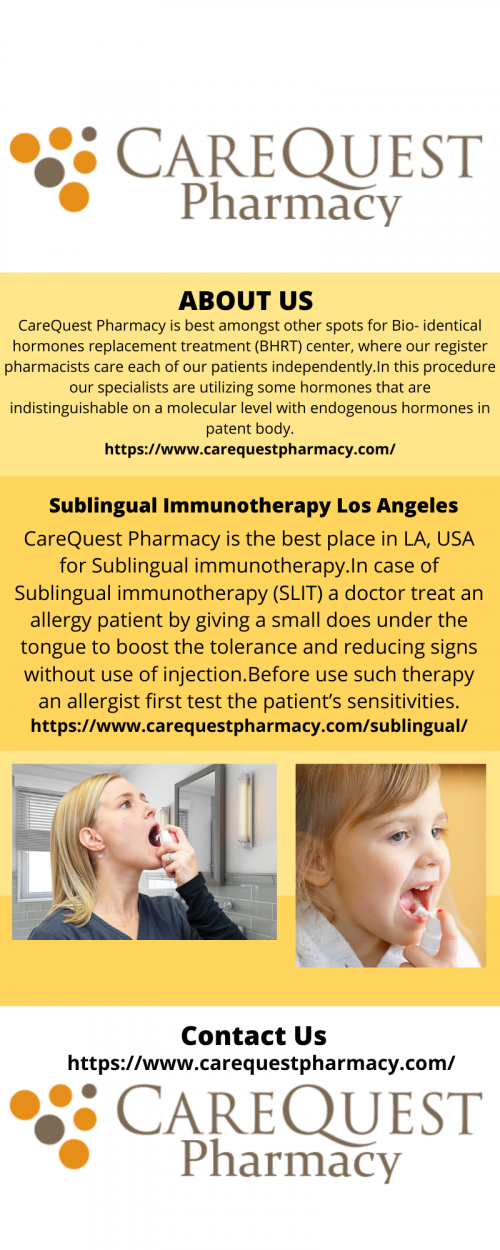 CareQuest Pharmacy is the best place in LA, USA for Sublingual immunotherapy.In case of Sublingual immunotherapy (SLIT) a doctor treat an allergy patient by giving a small does under the tongue to boost the tolerance and reducing signs without use of injection.Before use such therapy an allergist first test the patient’s sensitivities.
https://www.carequestpharmacy.com/sublingual/