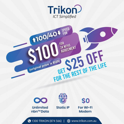 Get Trikon Elite plan at $100 with flat $25 discount for the rest of the life. Contact us to book your deal.
Call 1300 TRIKON (874 566) to run your business smoother than ever. Visit https://www.trikon.com.au for more info.