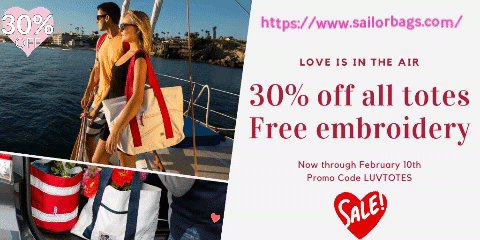 #LOVE IS IN THE AIR!!!!

Take 30% off all #sailorbags totes and get free embroidery for the love of your life. This great special is only good till February 10th. Visit http://sailorbags.com/shop/ #totes and use promo code LUVTOTES at checkout. Click here for more: https://www.sailorbags.com/202-large-sailcloth-tote-bag