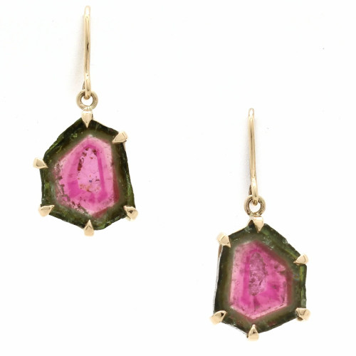 Watermelon Tourmaline Slice Earrings. These watermelon tourmaline slices are set in 14k yellow gold and measure approximately 22mm by 15mm. To know more details please visit here https://eyeonjewels.com/product/watermelon-tourmaline-slice-earrings-19501